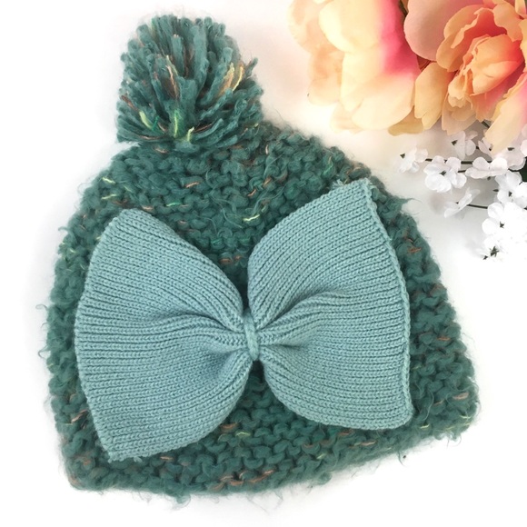BCBGeneration Knit Bow & Pompom Teal Beanie - Picture 4 of 4